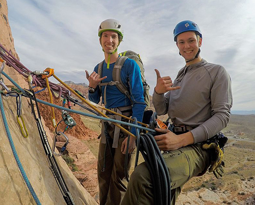 Xander Culver (left) and Grant Hartman enjoy frequent climbing expeditions together like this one at Red Rock, Nevada. PC: Will Howard