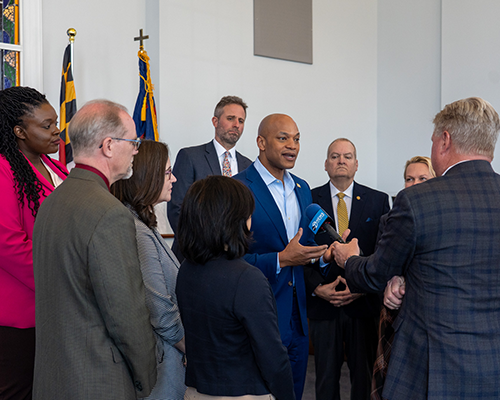 Maryland governor Wes Moore takes part in a press conference.