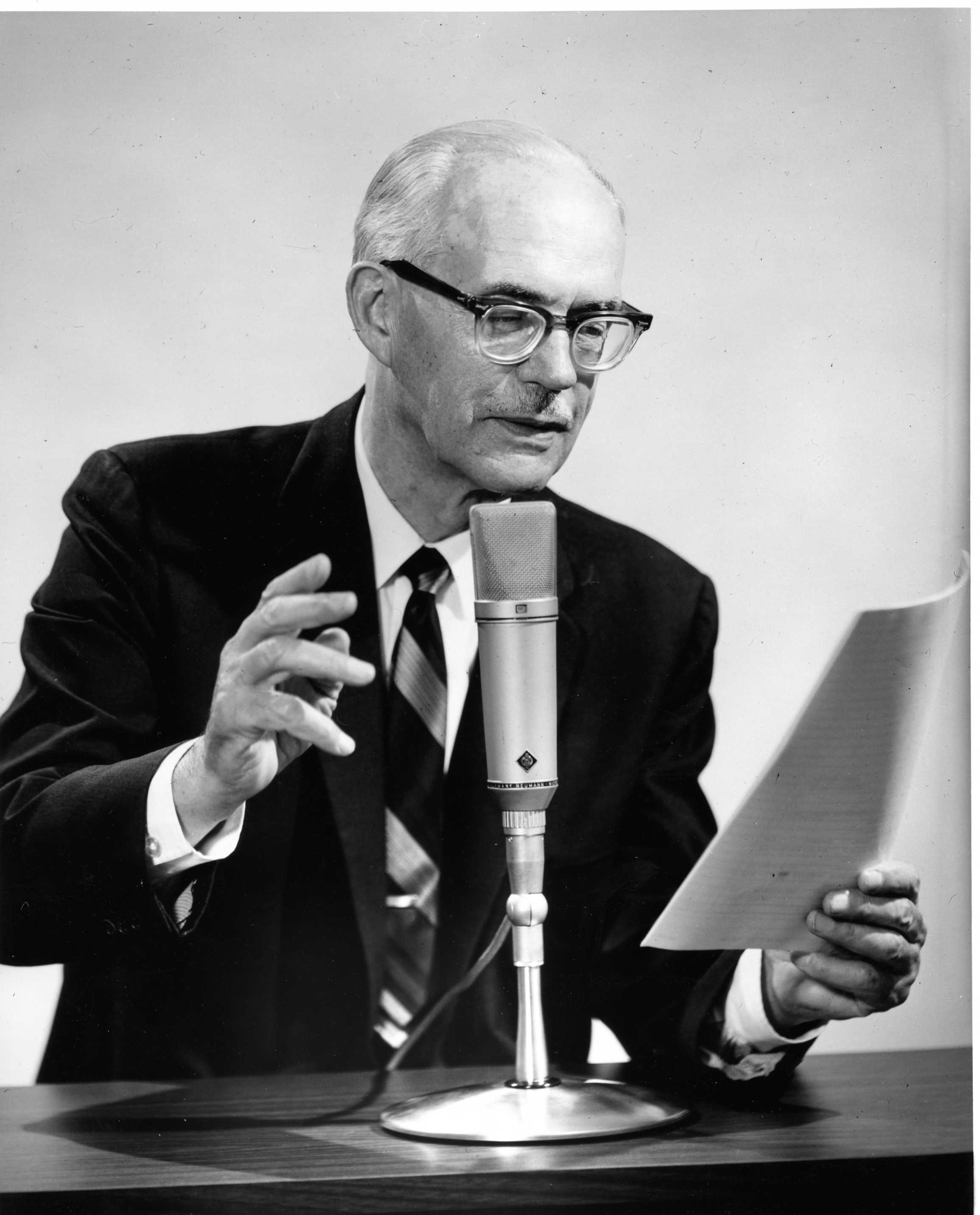 H.M.S. Richards Sr., founder of the Voice of Prophecy, spreads hopeful biblical messages to the world via radio. He started regularly broadcasting biblical messages on the radio 95 years ago.