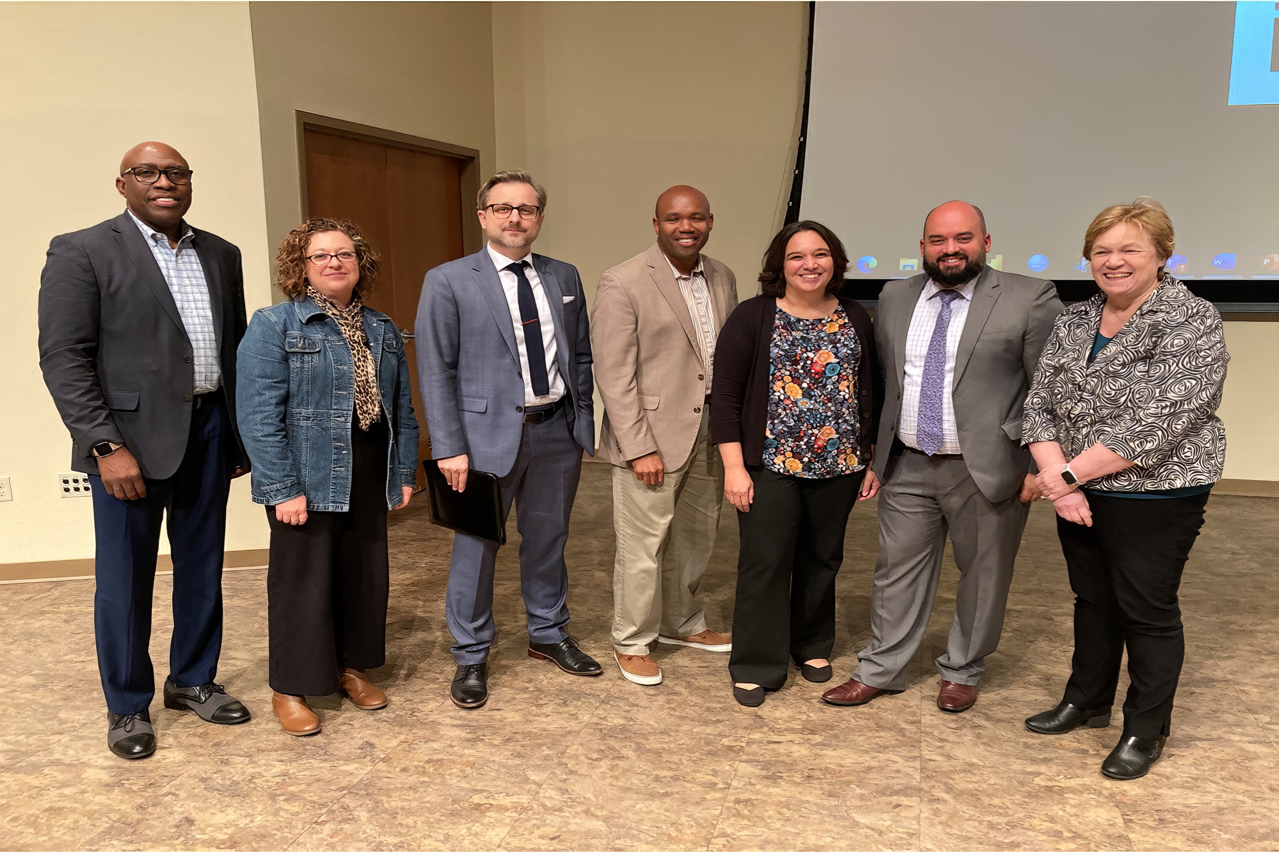 Some of the Shark Tank participants and judges: Provost Christon Arthur, Amy Rosenthal, Aaron Moushon, Rodney Palmer, Charity Garcia, José Bourget, and President Andrea Luxton (left to right). Photo credit: Kevin Wilson