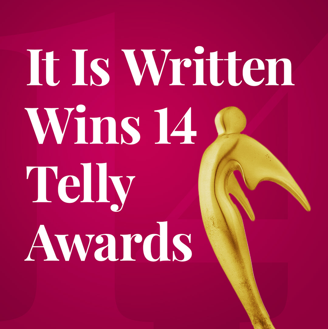 a picture of a gold statue on a pink background with text reading Is Is Written Wins 14 Telly Awards