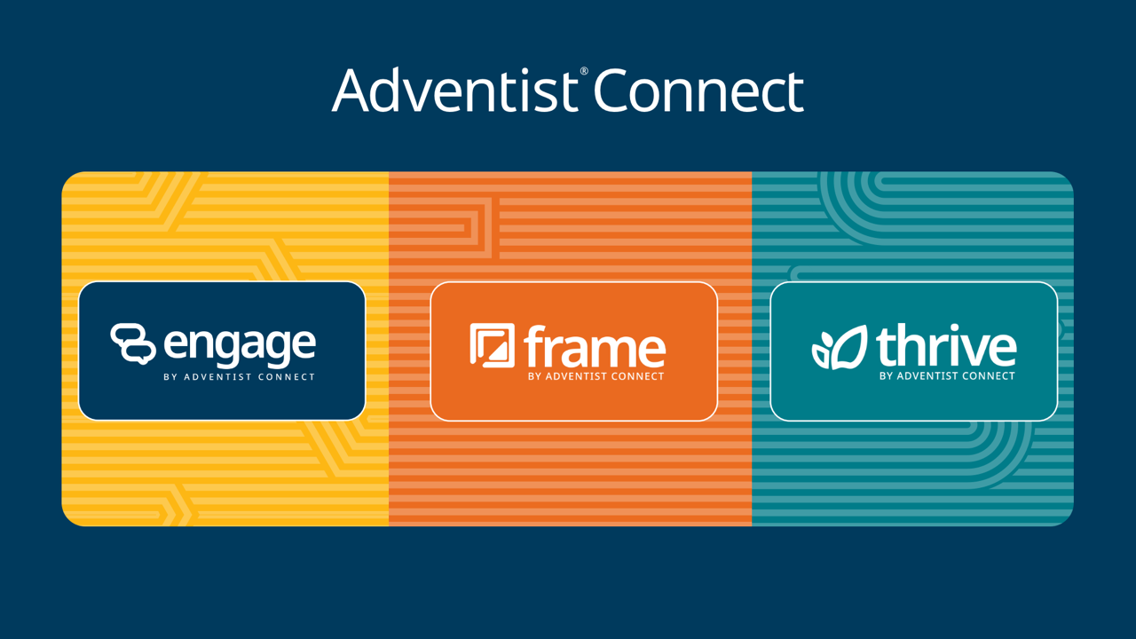 Three branches of Adventist Connect, formerly Adventist Information Ministry: graphic includes engage, frame, and thrive