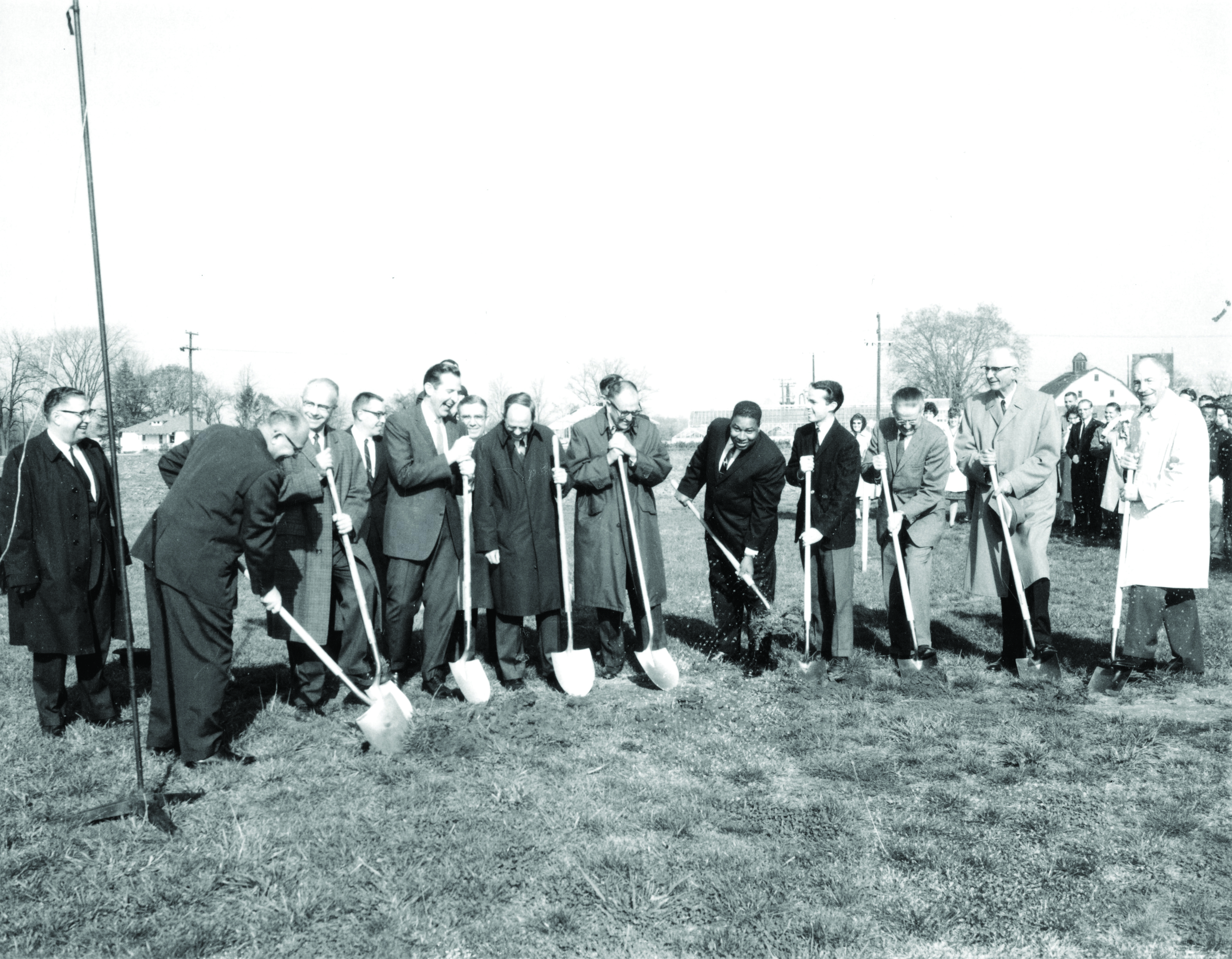 Bradford, fifth from right, with Andrews University officers and board members at groundbreaking for Meier Hall, 1963. Credit: Center for Adventist Research.