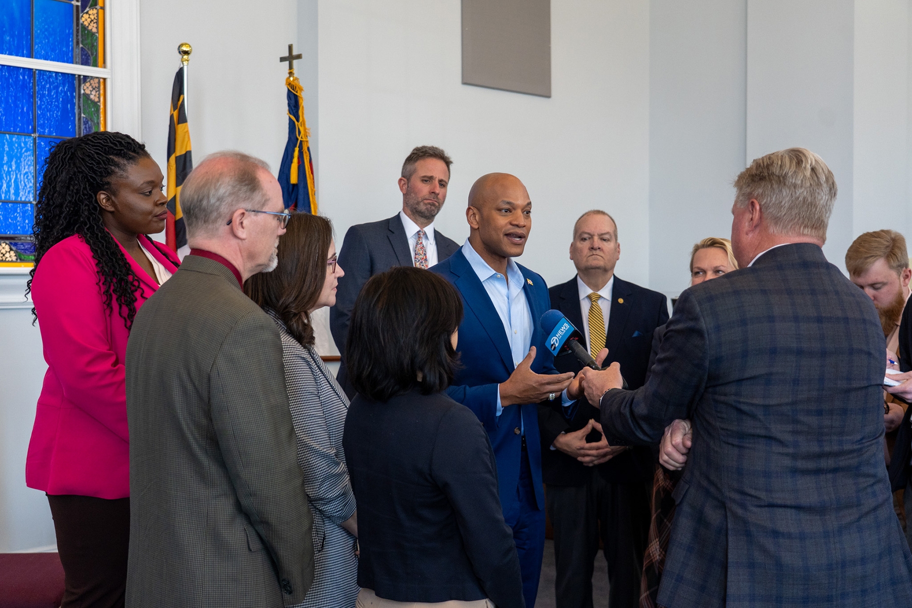 Photo of a press conference with Maryland governor Wes Moore