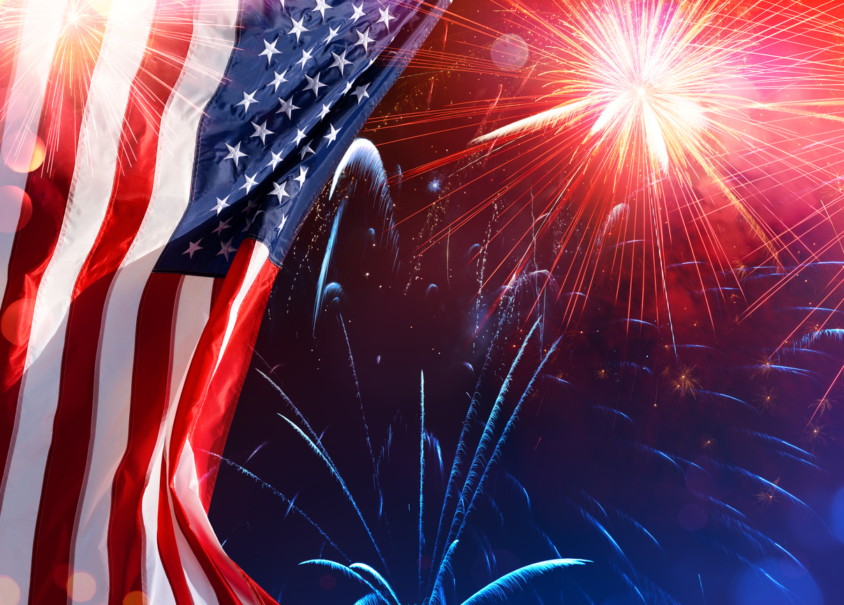 U.S. flag and fireworks