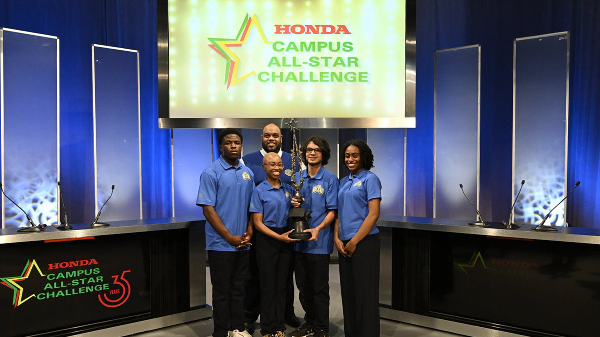 The 2024 Honda Campus All-Star Challenge winning team, coached by Steven Lai Hing, includes Jonathan Gunthrope, Hannah Browning, Janiah Hinds, and Grayson Mejia. Photo provided by Oakwood University