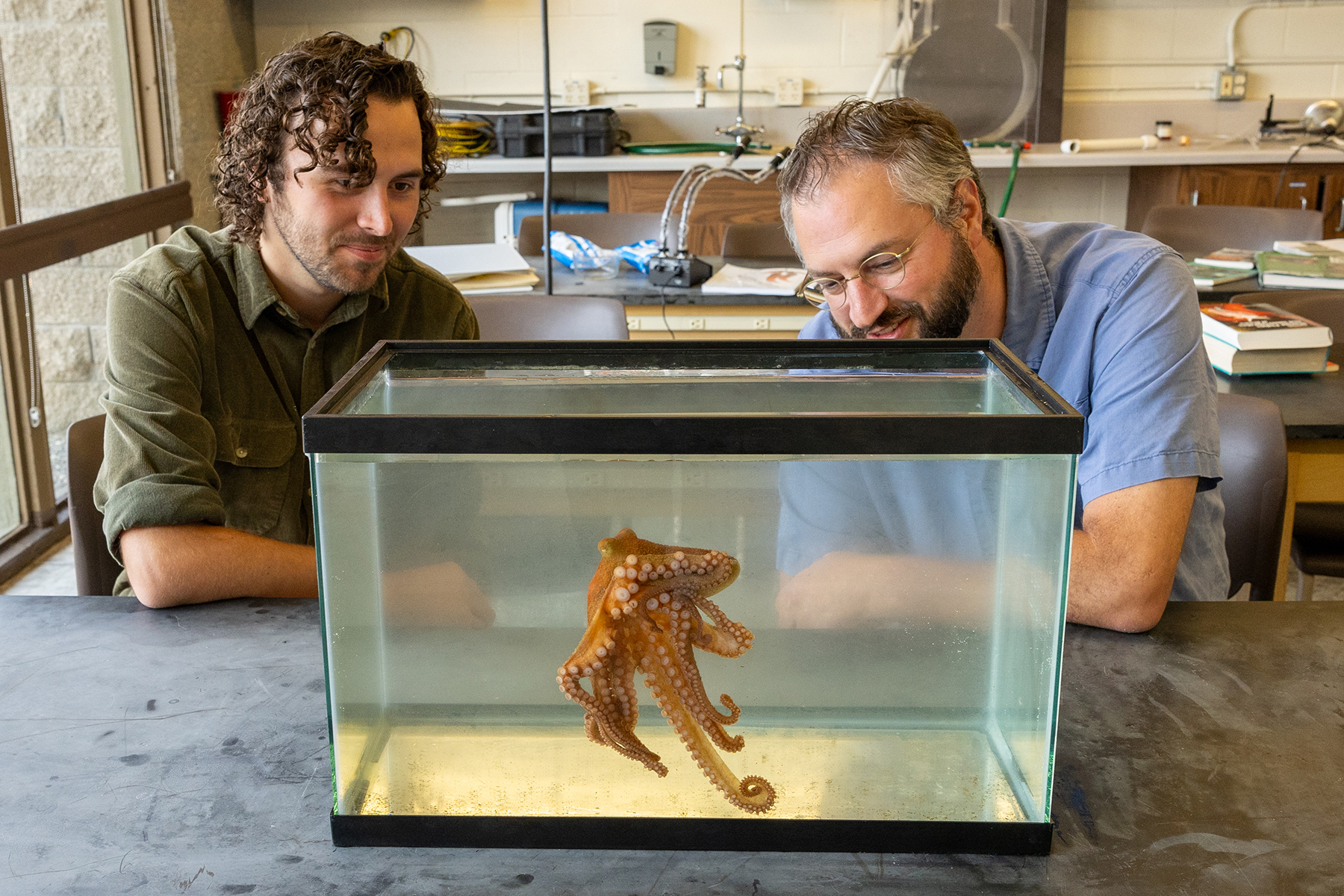 Two white men smile as they look into a tank with an octopus. 