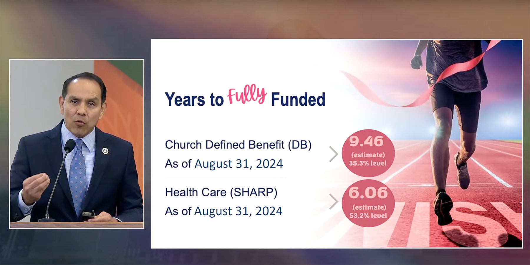 Edwin Romero, NAD Retirement plans administrator and associate treasurer, outlines the transition of the defined benefit plan from a 30-year pay-off to a 15.7-year funding timeline during the NAD YEM treasurer’s report. Photo: screenshot | taken from livestream