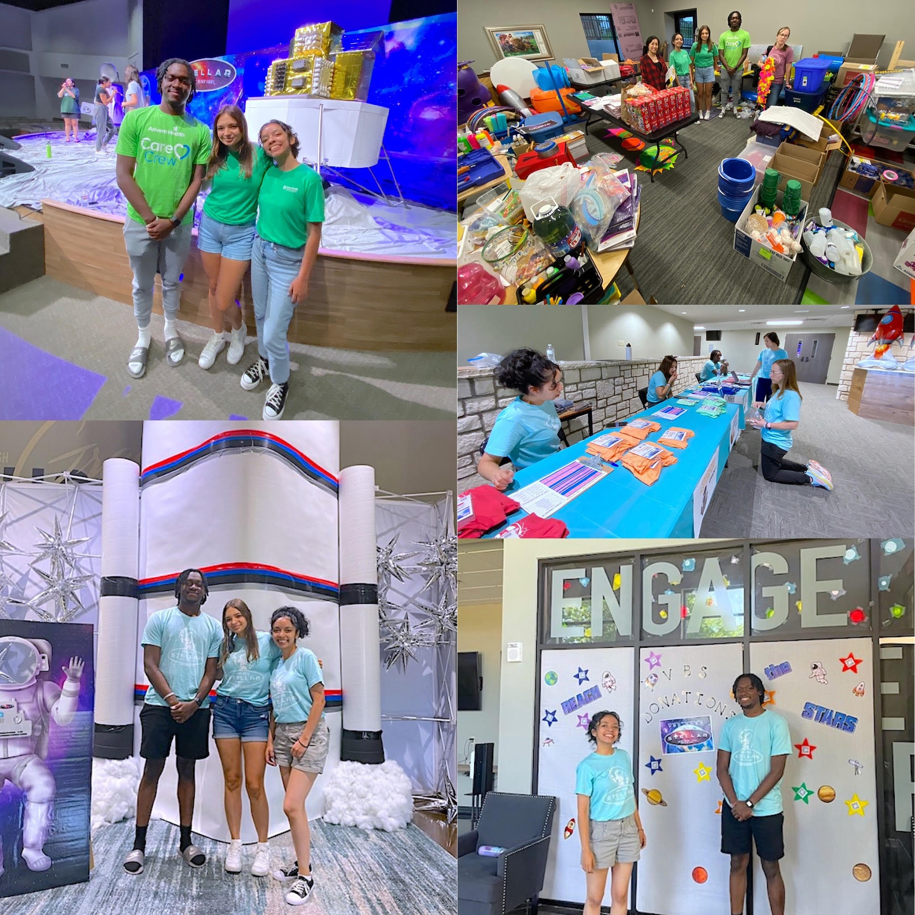  A collage of young adult volunteers engaged with Vacation Bible School. 