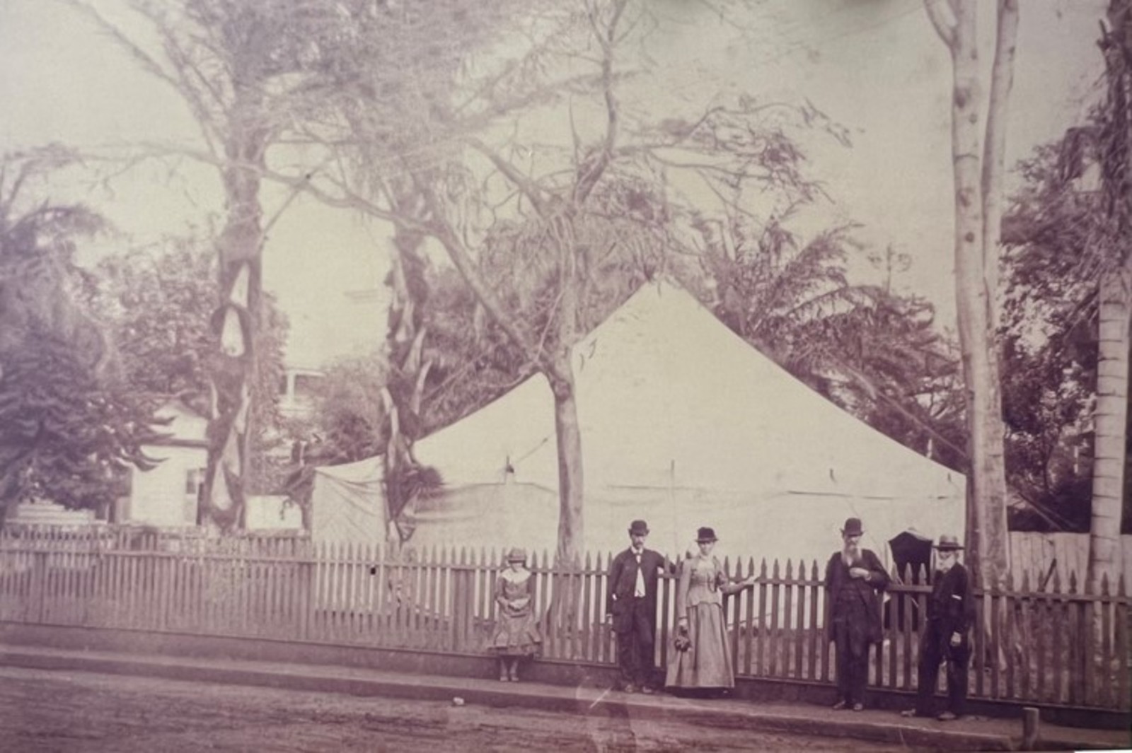 Photograph of the first evangelistic meeting held in Hawaii from January through March 1886. From Left to right: Birdie Healey, William Healey, Clara Healey, Loran A. Scott, and Abram La Rue. Photo courtesy of the Hawaii Conference. Shared by Michael W. Campbell.